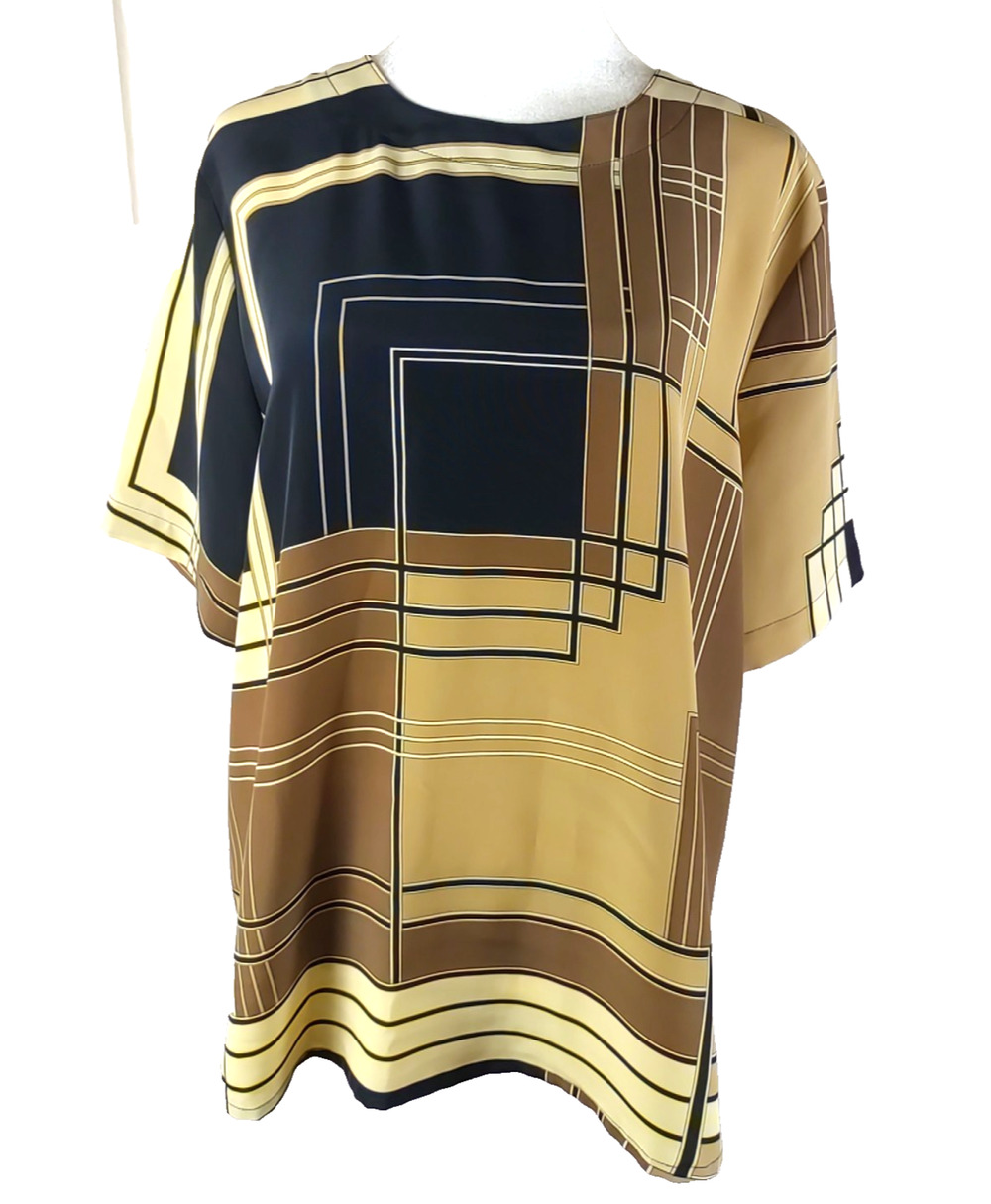 Kathy Che Women's Shirt Size M Brown Black Cream Suit Shirt Short Sleeve